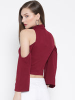 Maroon High Neck Cold Shoulder Bell Sleeve Top