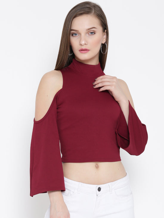 Maroon High Neck Cold Shoulder Bell Sleeve Top