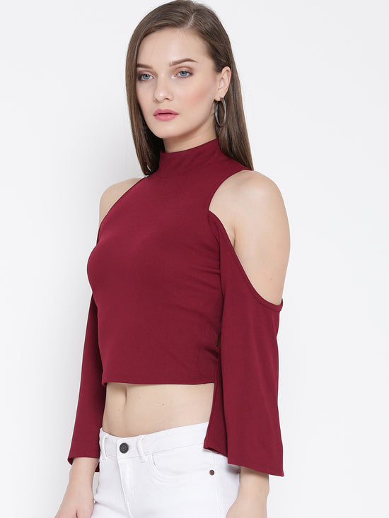 Maroon High Neck Cold Shoulder Bell Sleeve Top