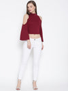 Maroon High Neck Cold Shoulder Bell Sleeve Top