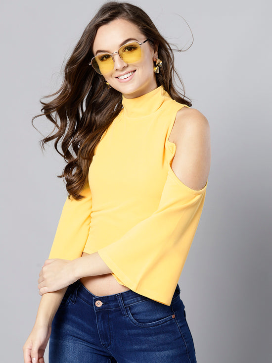 Veni Vidi Vici Yellow High Neck Cold Shoulder Bell Sleeve Top