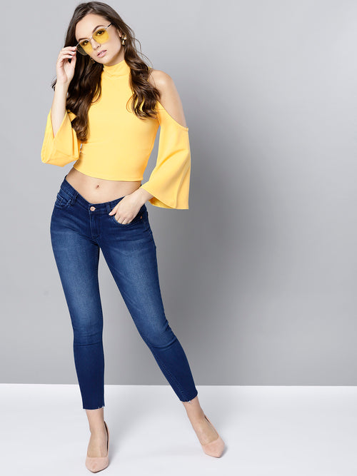 Veni Vidi Vici Yellow High Neck Cold Shoulder Bell Sleeve Top