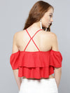 Red Layered Frilled Cold Shoulder Top