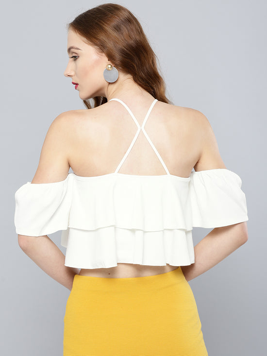 White Layered Frilled Cold Shoulder Top