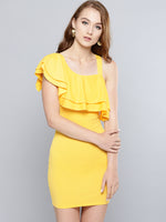 Yellow One Shoulder Frilled Bodycon Dress