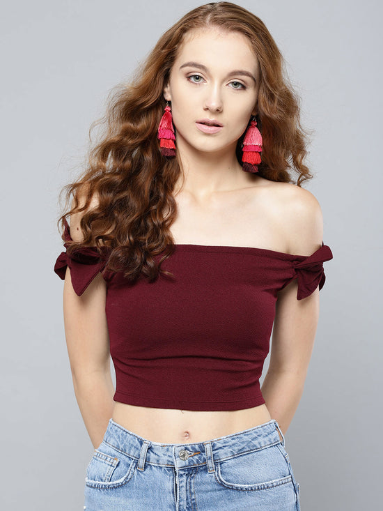 Maroon Shoulder Bow Bardot Top