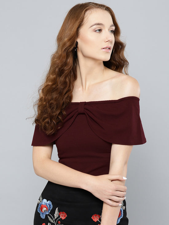 Maroon Bow Front Bardot Crop Top