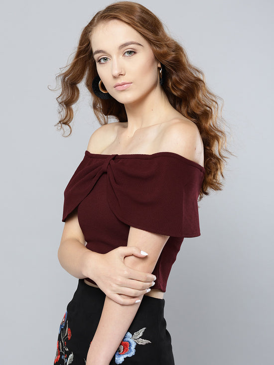 Maroon Bow Front Bardot Crop Top