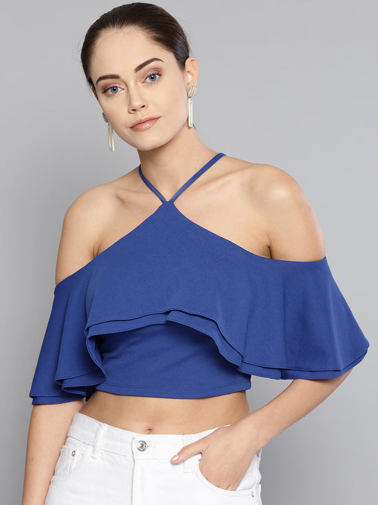 Blue Layered Frill Cold Shoulder Top