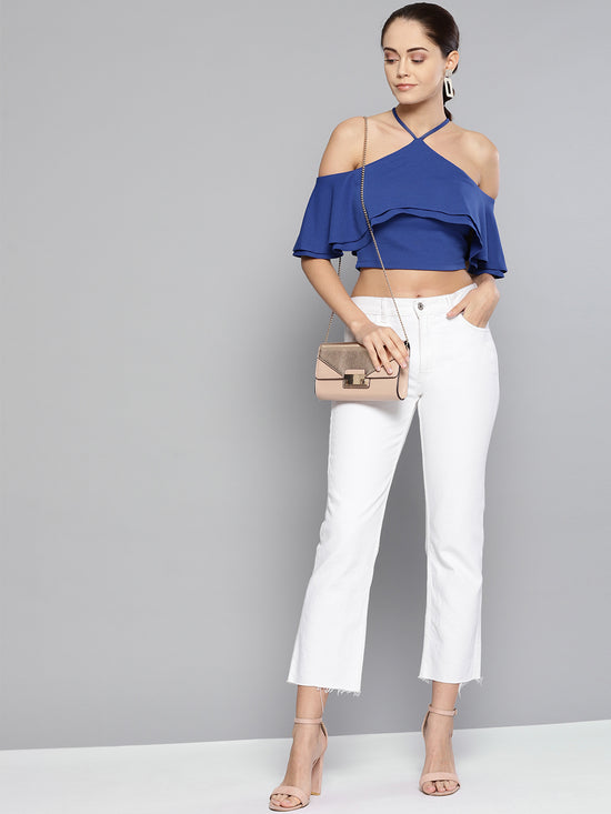 Blue Layered Frill Cold Shoulder Top