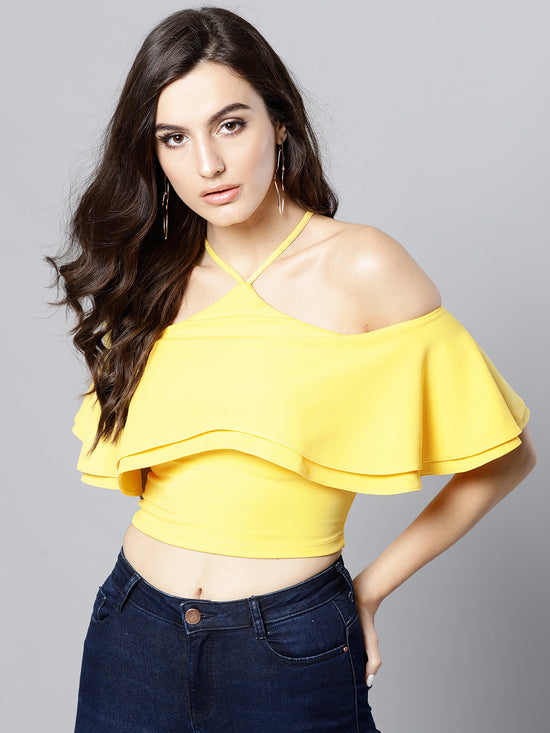 Yellow Layered Frill Cold Shoulder Top