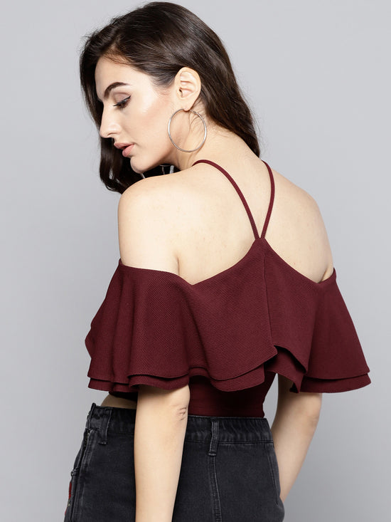 Maroon Layered Frill Cold Shoulder Top