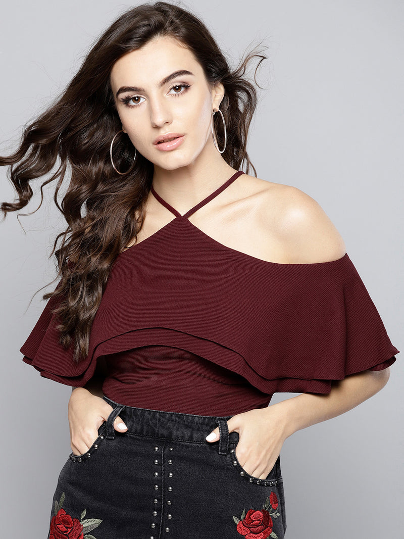 Maroon Layered Frill Cold Shoulder Top