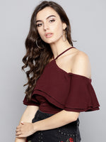 Maroon Layered Frill Cold Shoulder Top