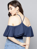 Navy Blue Layered Frill Cold Shoulder Top