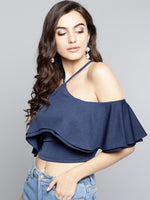 Navy Blue Layered Frill Cold Shoulder Top