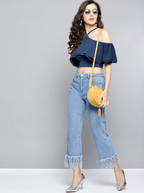 Navy Blue Layered Frill Cold Shoulder Top