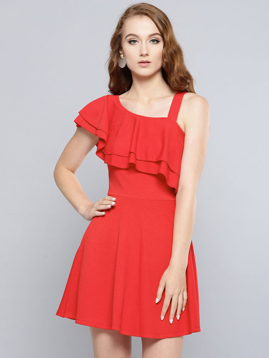 Red One Shoulder Frilled Skater Dress