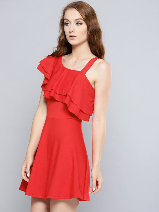 Red One Shoulder Frilled Skater Dress