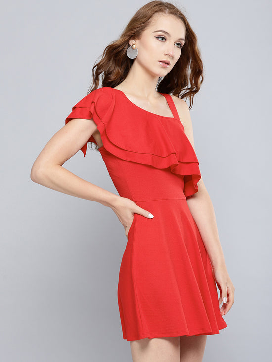 Red One Shoulder Frilled Skater Dress