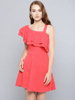 Coral One Shoulder Frilled Skater Dress