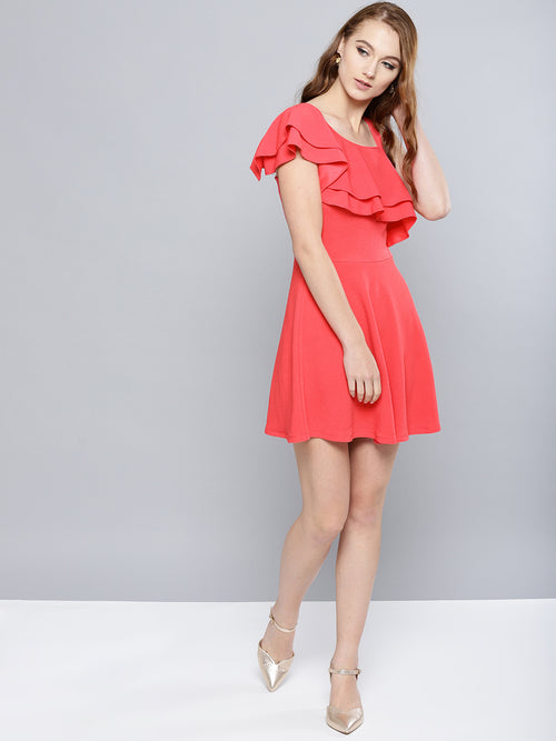 Coral One Shoulder Frilled Skater Dress