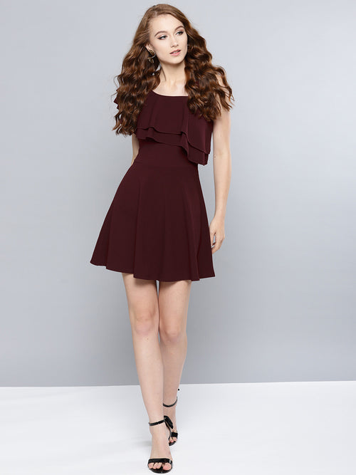 Maroon One Shoulder Frilled Skater Dress