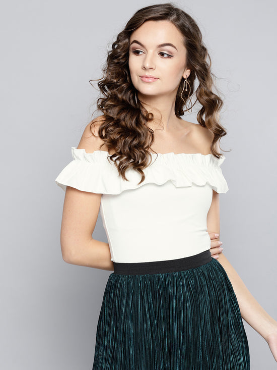 White Frilled Bardot Crop Top