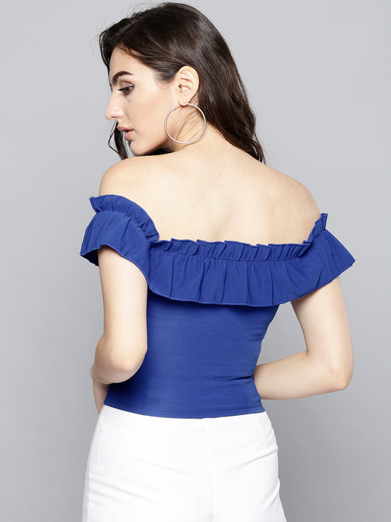 Royal Blue Frilled Bardot Crop Top