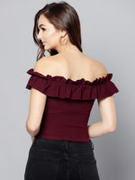 Maroon Frilled Bardot Crop Top