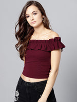 Maroon Frilled Bardot Crop Top