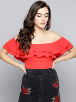 Red Frilled Bardot Crop Top