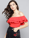 Red Frilled Bardot Crop Top