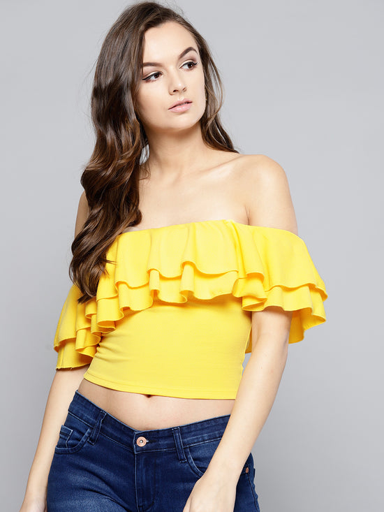 Yellow Frilled Bardot Crop Top