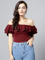 Maroon Frilled Bardot Crop Top