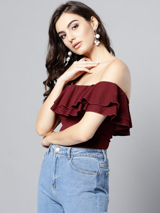 Maroon Frilled Bardot Crop Top