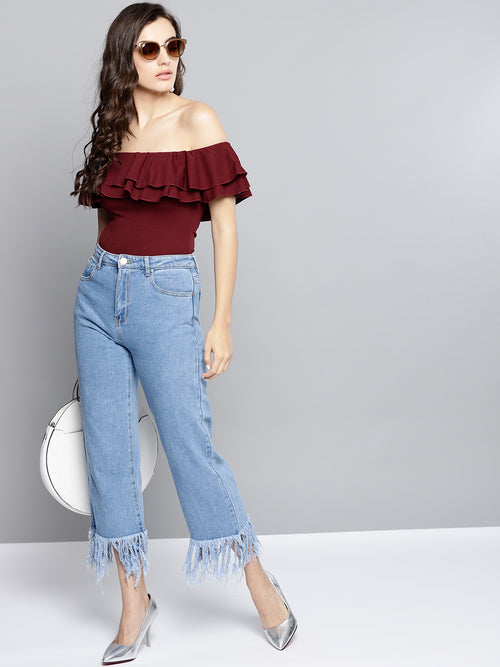 Maroon Frilled Bardot Crop Top