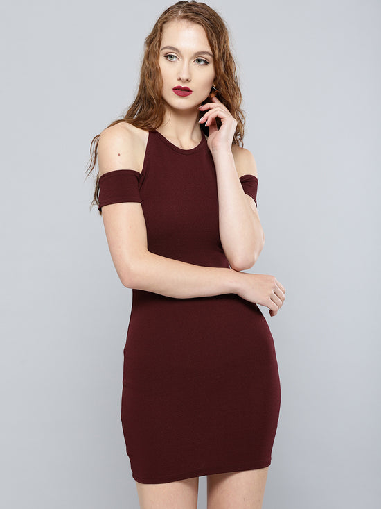 Maroon Cold Shoulder Bodycon Dress