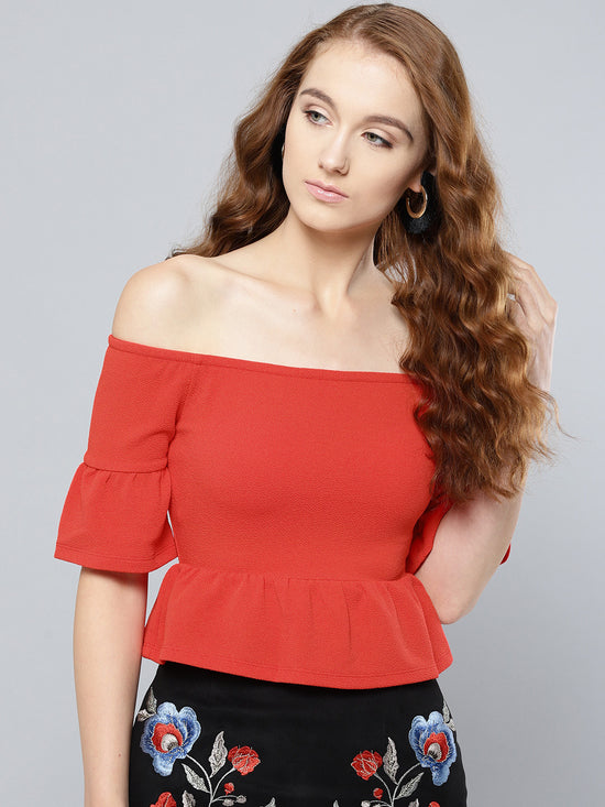 Red Frilled Bardot Crop Top