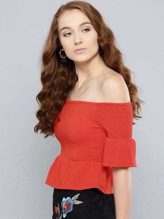 Red Frilled Bardot Crop Top