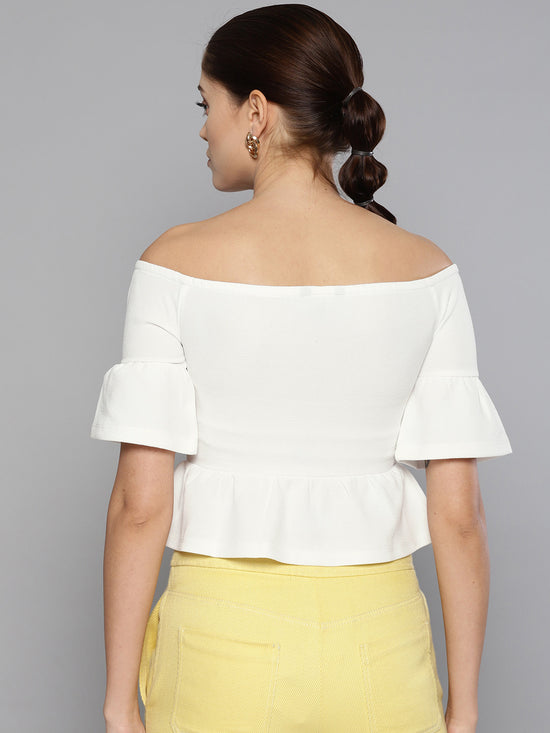 Veni Vidi Vici Off White Frilled Bardot Crop Top