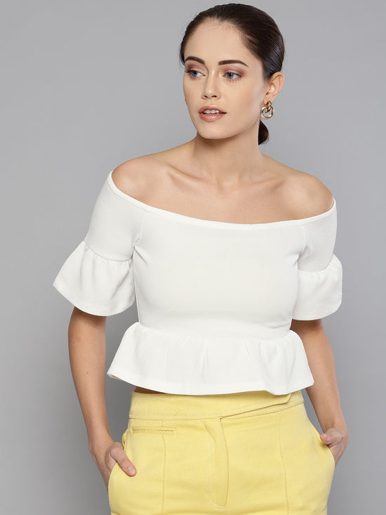 Veni Vidi Vici Off White Frilled Bardot Crop Top