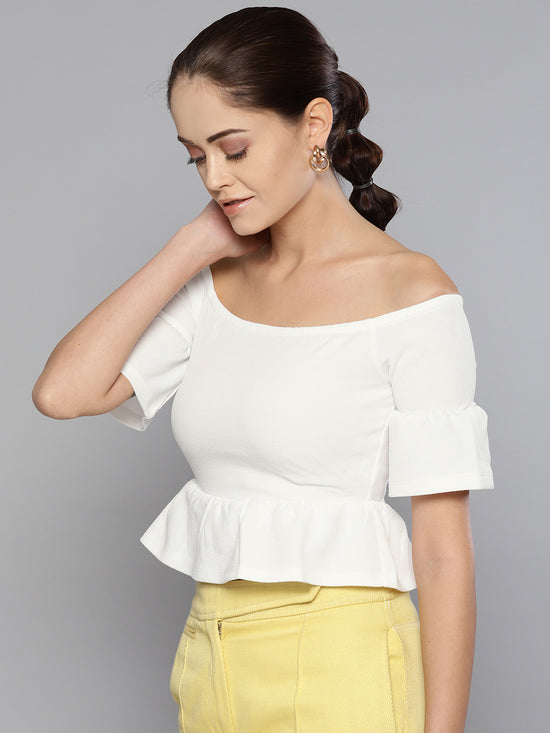 Veni Vidi Vici Off White Frilled Bardot Crop Top