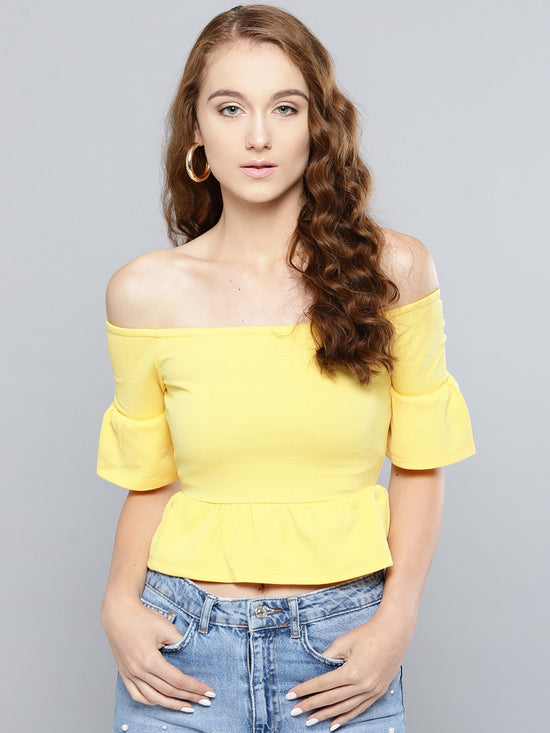 Yellow Frilled Bardot Crop Top