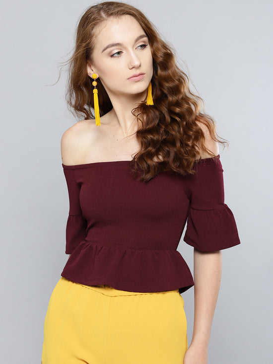 Maroon Frilled Bardot Crop Top