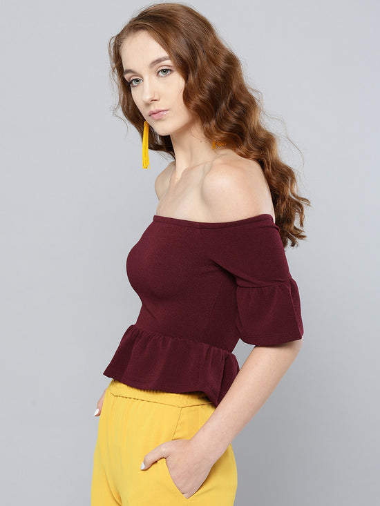 Maroon Frilled Bardot Crop Top