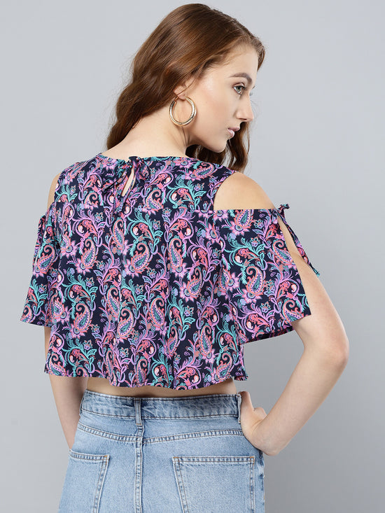 Navy Blue And Purple Paisley Slit Sleeve Cold Shoulder Top