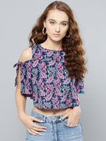 Navy Blue And Purple Paisley Slit Sleeve Cold Shoulder Top