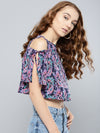 Navy Blue And Purple Paisley Slit Sleeve Cold Shoulder Top