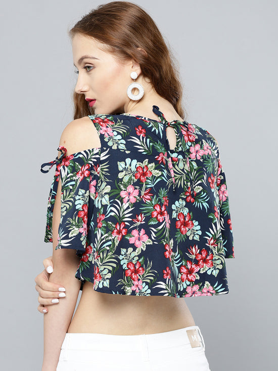 Navy Blue Tropical Print Slit Sleeve Cold Shoulder Top